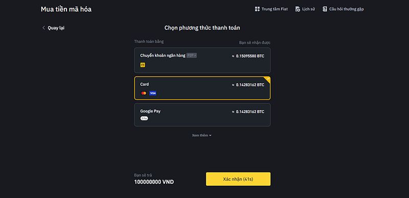 Chọn thẻ tín dụng là phương thức thanh toán trên Binance